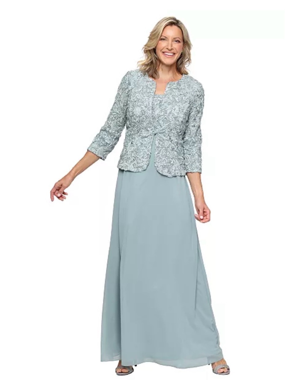 alex evenings Empire Waist Long Open Soutache Jacket Ice SageDress Size:12P $269